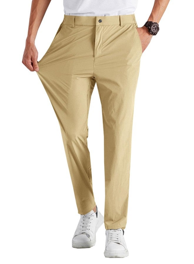 Runcati Mens Stretch Golf Pants Casual Slim Fit Dress Pants Elastic Waist Tapered Work Cropped Trousers Apricot - Image 1